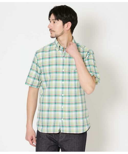 NEWYORKER / ニューヨーカー シャツ・ブラウス | マルチチェック サッカー 半袖ショートボタンダウンシャツ（グリーン）