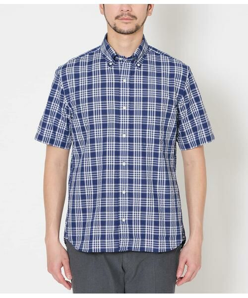 NEWYORKER / ニューヨーカー シャツ・ブラウス | ネイビーチェック サッカー 半袖ショートボタンダウンシャツ | 詳細1
