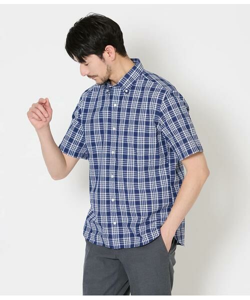 NEWYORKER / ニューヨーカー シャツ・ブラウス | ネイビーチェック サッカー 半袖ショートボタンダウンシャツ（ネイビー）