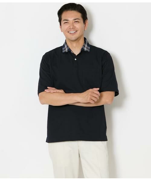 NEWYORKER / ニューヨーカー ポロシャツ | COOL COMFORT ニューヨーカータータン 布帛カッタウェイスキッパーポロシャツ（ネイビー）