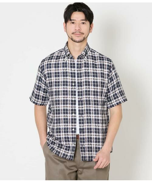 NEWYORKER / ニューヨーカー シャツ・ブラウス | サンライトニューヨーカータータン 半袖ショートボタンダウンシャツ（ネイビー）