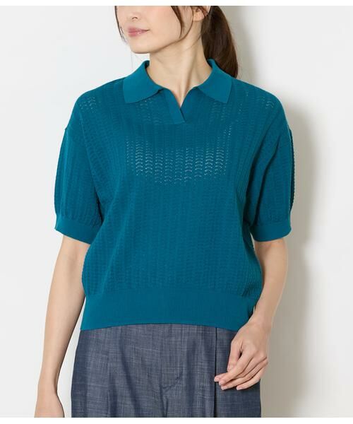 NEWYORKER / ニューヨーカー ニット・セーター | 強撚コットン 透かし編み柄ニットポロ | 詳細1