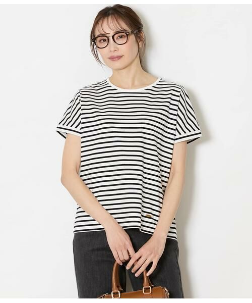 NEWYORKER / ニューヨーカー Tシャツ | コットン天竺 フレンチスリーブボーダーカットソー（ブラック）