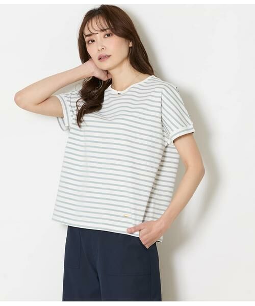 NEWYORKER / ニューヨーカー Tシャツ | コットン天竺 フレンチスリーブボーダーカットソー（ライトグリーン）