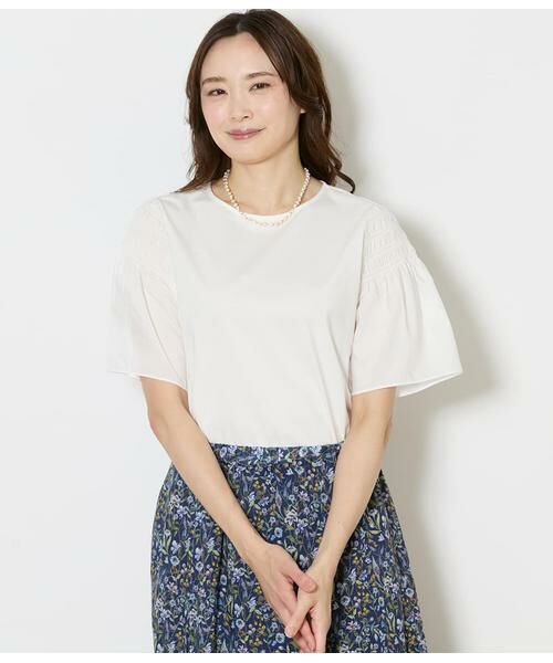 NEWYORKER / ニューヨーカー Tシャツ | プレーティング天竺 袖シャーリングプルオーバー（ホワイト）