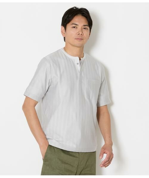 NEWYORKER / ニューヨーカー Tシャツ | ジャカードストライプ ヘンリーネック Tシャツ（ライトグレー）