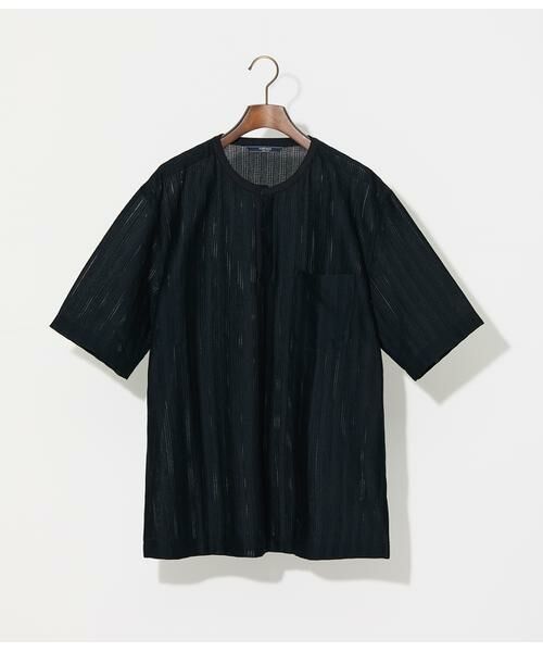NEWYORKER / ニューヨーカー Tシャツ | ジャカードストライプ ヘンリーネック Tシャツ（ネイビー）