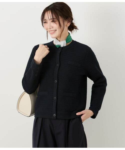 NEWYORKER L-SIZE/ニューヨーカー エルサイズ コットンポリエステル ノーカラーニットジャケット ネイビー L17号 NEWYORKER L-SIZE/ニューヨーカー エルサイズ コットンポリエステル ノーカラーニットジャケット ネイビー L17号