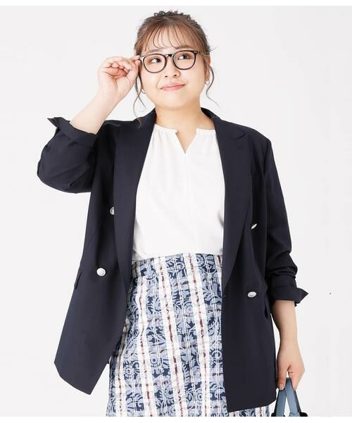 NEWYORKER L-SIZE/ニューヨーカー エルサイズ ウォッシャブルTWクロス ダブルブレストブレザー ネイビー L19号 NEWYORKER L-SIZE/ニューヨーカー エルサイズ ウォッシャブルTWクロス ダブルブレストブレザー ネイビー L19号
