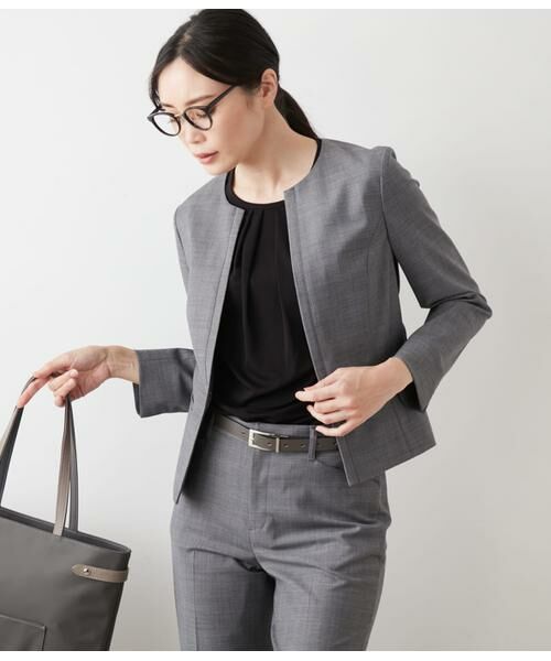 NEWYORKER L-SIZE/ニューヨーカー エルサイズ シャークスキン ノーカラージャケット グレー L17号 NEWYORKER L-SIZE/ニューヨーカー エルサイズ シャークスキン ノーカラージャケット グレー L17号