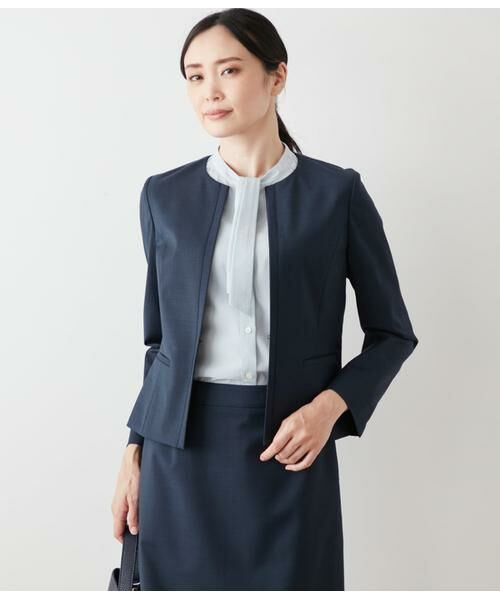 NEWYORKER L-SIZE/ニューヨーカー エルサイズ シャークスキン ノーカラージャケット ブルー L15号 NEWYORKER L-SIZE/ニューヨーカー エルサイズ シャークスキン ノーカラージャケット ブルー L15号