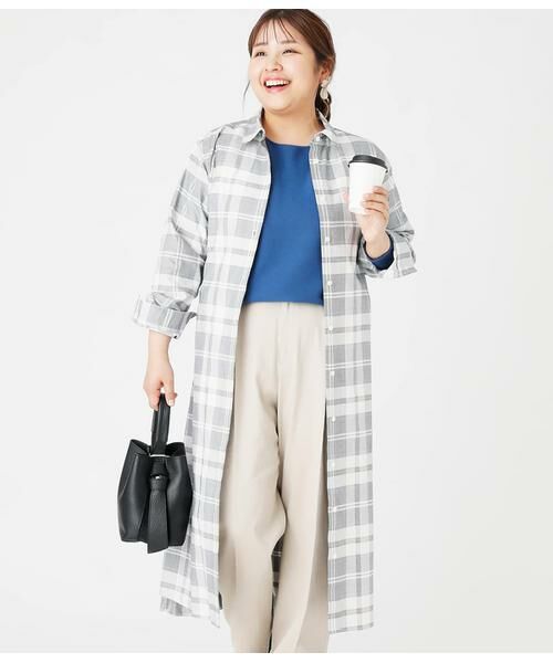 NEWYORKER L-SIZE/ニューヨーカー エルサイズ タイルアートニューヨーカータータン シャツワンピース ネイビー L15号 NEWYORKER L-SIZE/ニューヨーカー エルサイズ タイルアートニューヨーカータータン シャツワンピース ネイビー L15号