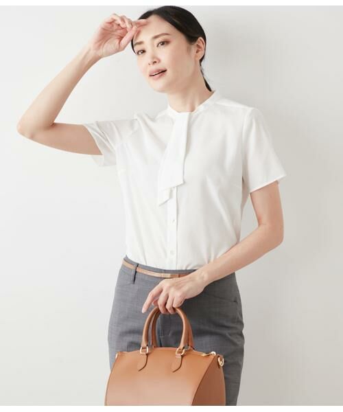 NEWYORKER L-SIZE/ニューヨーカー エルサイズ ミニドットデシン 2WAYボウタイ半袖ブラウス ホワイト L15号 NEWYORKER L-SIZE/ニューヨーカー エルサイズ ミニドットデシン 2WAYボウタイ半袖ブラウス ホワイト L15号