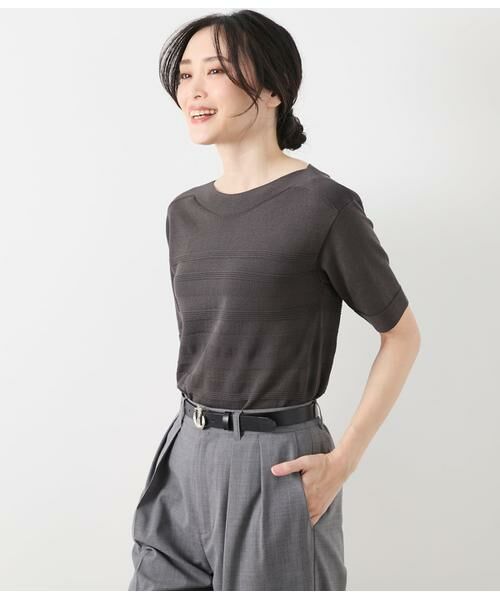 NEWYORKER L-SIZE/ニューヨーカー エルサイズ コットンアセテート パネルボーダー5分袖プルオーバー ダークグレー L13号 NEWYORKER L-SIZE/ニューヨーカー エルサイズ コットンアセテート パネルボーダー5分袖プルオーバー ダークグレー L13号