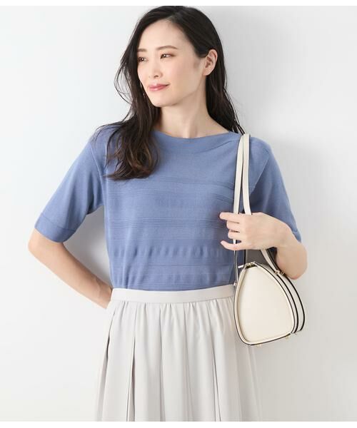 NEWYORKER L-SIZE/ニューヨーカー エルサイズ コットンアセテート パネルボーダー5分袖プルオーバー ブルー L15号 NEWYORKER L-SIZE/ニューヨーカー エルサイズ コットンアセテート パネルボーダー5分袖プルオーバー ブルー L15号
