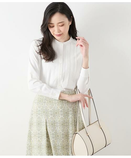 NEWYORKER L-SIZE/ニューヨーカー エルサイズ プレーティング天竺 バンドカラーピンタックカットソー ホワイト L13号 NEWYORKER L-SIZE/ニューヨーカー エルサイズ プレーティング天竺 バンドカラーピンタックカットソー ホワイト L13号
