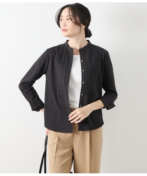 NEWYORKER L-SIZE/ニューヨーカー エルサイズ プレーティング天竺 バンドカラーピンタックカットソー ブラック L15号 NEWYORKER L-SIZE/ニューヨーカー エルサイズ プレーティング天竺 バンドカラーピンタックカットソー ブラック L15号