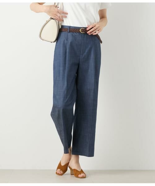 NEWYORKER L-SIZE/ニューヨーカー エルサイズ スラブシャンブレー タックワイドパンツ ネイビー L15号 NEWYORKER L-SIZE/ニューヨーカー エルサイズ スラブシャンブレー タックワイドパンツ ネイビー L15号