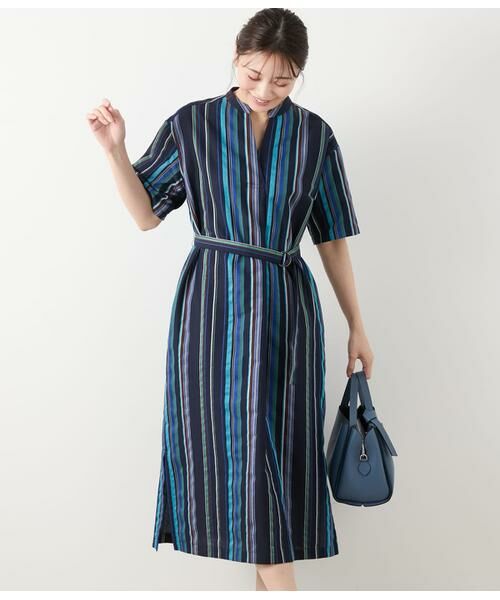 NEWYORKER L-SIZE/ニューヨーカー エルサイズ マルチストライプ シャツワンピース ネイビー L15号 NEWYORKER L-SIZE/ニューヨーカー エルサイズ マルチストライプ シャツワンピース ネイビー L15号