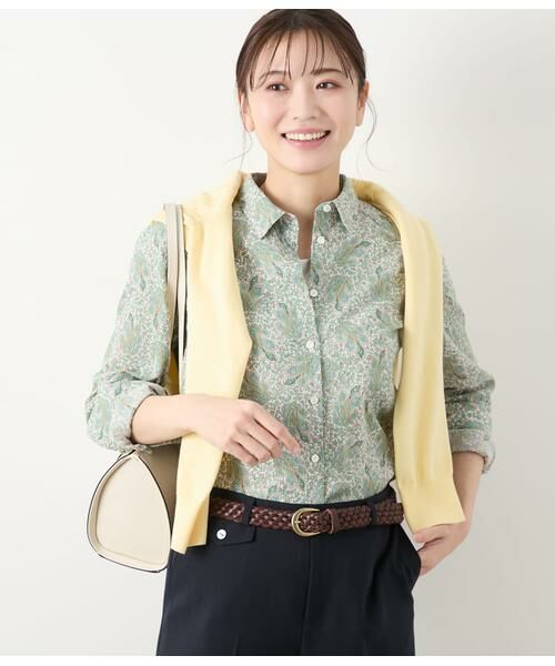 NEWYORKER L-SIZE/ニューヨーカー エルサイズ 楊柳ペイズリープリント 切替え長袖シャツ グリーン L13号 NEWYORKER L-SIZE/ニューヨーカー エルサイズ 楊柳ペイズリープリント 切替え長袖シャツ グリーン L13号