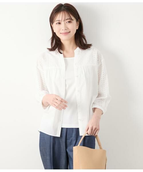 NEWYORKER L-SIZE/ニューヨーカー エルサイズ コットンエンブロイダリーレース 切替え7分袖ブラウス ホワイト L15号 NEWYORKER L-SIZE/ニューヨーカー エルサイズ コットンエンブロイダリーレース 切替え7分袖ブラウス ホワイト L15号