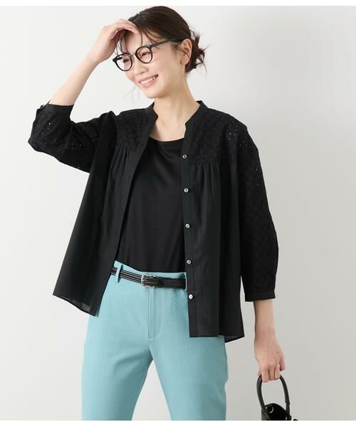 NEWYORKER L-SIZE/ニューヨーカー エルサイズ コットンエンブロイダリーレース 切替え7分袖ブラウス ブラック L13号 NEWYORKER L-SIZE/ニューヨーカー エルサイズ コットンエンブロイダリーレース 切替え7分袖ブラウス ブラック L13号