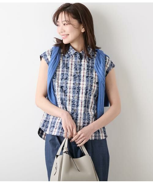 NEWYORKER L-SIZE/ニューヨーカー エルサイズ ペイズリーニューヨーカータータン フレンチスリーブブラウス ネイビー L15号 NEWYORKER L-SIZE/ニューヨーカー エルサイズ ペイズリーニューヨーカータータン フレンチスリーブブラウス ネイビー L15号