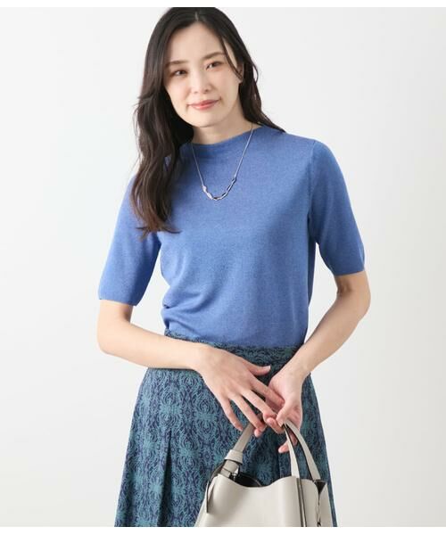 NEWYORKER L-SIZE / ニューヨーカー エルサイズ ニット・セーター | ヴィスコースポリエステル ビルドネック5分袖プルオーバー(サックス)