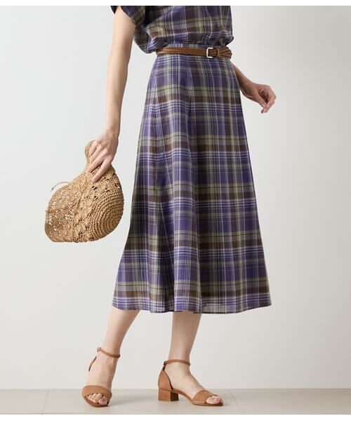 NEWYORKER L-SIZE/ニューヨーカー エルサイズ リネン混マドラスチェック 6枚はぎフレアスカート ブルー L17号