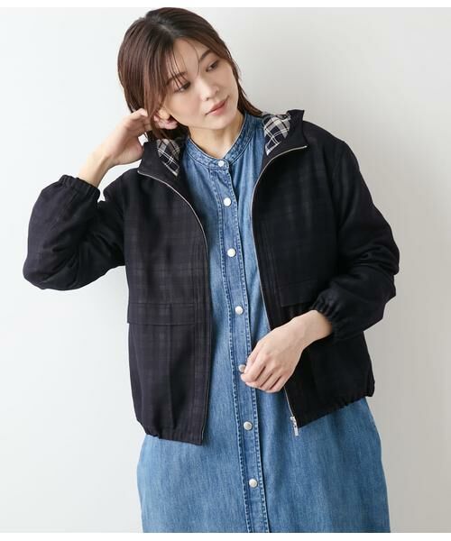 NEWYORKER L-SIZE/ニューヨーカー エルサイズ シアー接結ニューヨーカータータン フーデットブルゾン ネイビー L17号 NEWYORKER L-SIZE/ニューヨーカー エルサイズ シアー接結ニューヨーカータータン フーデットブルゾン ネイビー L17号