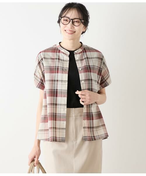 NEWYORKER L-SIZE/ニューヨーカー エルサイズ リネン混マドラスチェック ドルマンスリーブブラウス ブラウン L17号 NEWYORKER L-SIZE/ニューヨーカー エルサイズ リネン混マドラスチェック ドルマンスリーブブラウス ブラウン L17号