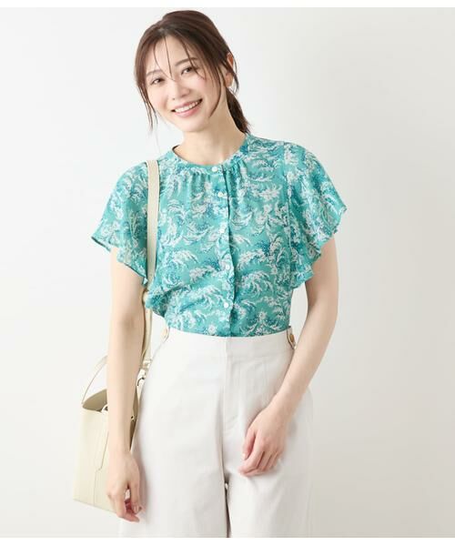 NEWYORKER L-SIZE/ニューヨーカー エルサイズ リーフブーケプリント ラッフルスリーブブラウス グリーン L15号