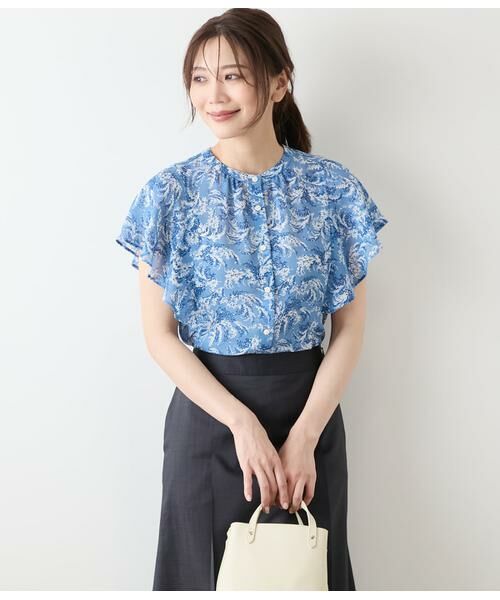 NEWYORKER L-SIZE/ニューヨーカー エルサイズ リーフブーケプリント ラッフルスリーブブラウス ブルー L13号 NEWYORKER L-SIZE/ニューヨーカー エルサイズ リーフブーケプリント ラッフルスリーブブラウス ブルー L13号
