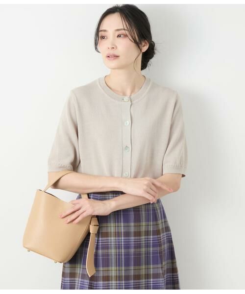 NEWYORKER L-SIZE / ニューヨーカー エルサイズ カーディガン・ボレロ | リネンライクワッフル クルーネック5分袖カーディガン(ベージュ)