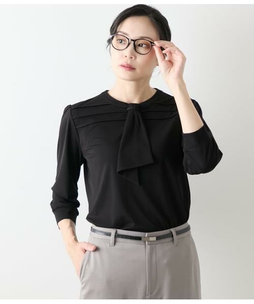 NEWYORKER L-SIZE/ニューヨーカー エルサイズ トリアセ強撚スムース 7分袖ボウタイカットソー ブラック L17号