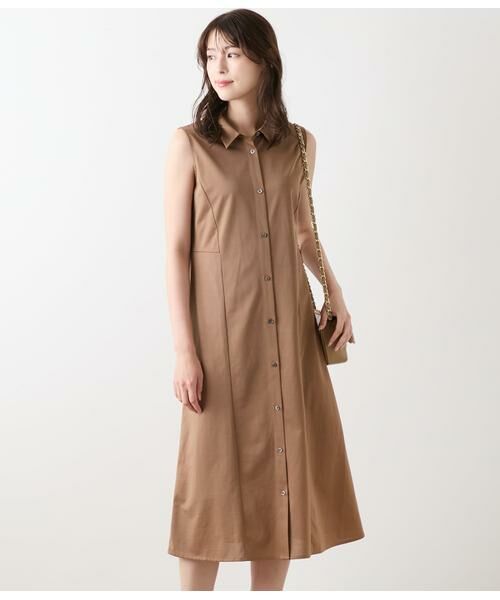 NEWYORKER L-SIZE/ニューヨーカー エルサイズ ハイツイストツイル ノースリーブシャツワンピース カーキベージュ L13号