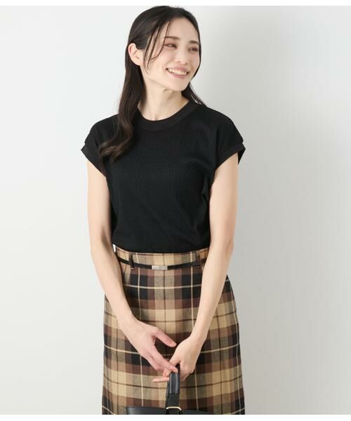 NEWYORKER L-SIZE/ニューヨーカー エルサイズ シアーストレッチジャカード フレンチスリーブプルオーバー ブラック L15号