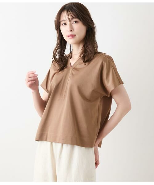 NEWYORKER L-SIZE / ニューヨーカー エルサイズ Tシャツ | ハイツイストツイル Vネック半袖プルオーバー(カーキベージュ)