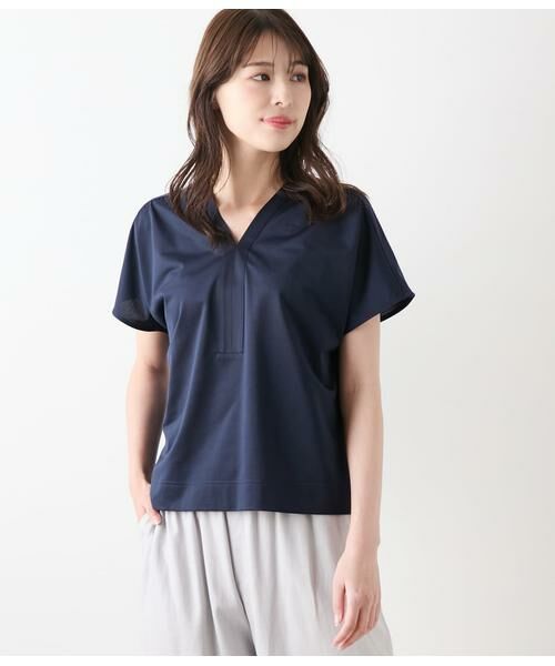 NEWYORKER L-SIZE/ニューヨーカー エルサイズ ハイツイストツイル Vネック半袖プルオーバー ネイビー L15号 NEWYORKER L-SIZE/ニューヨーカー エルサイズ ハイツイストツイル Vネック半袖プルオーバー ネイビー L15号
