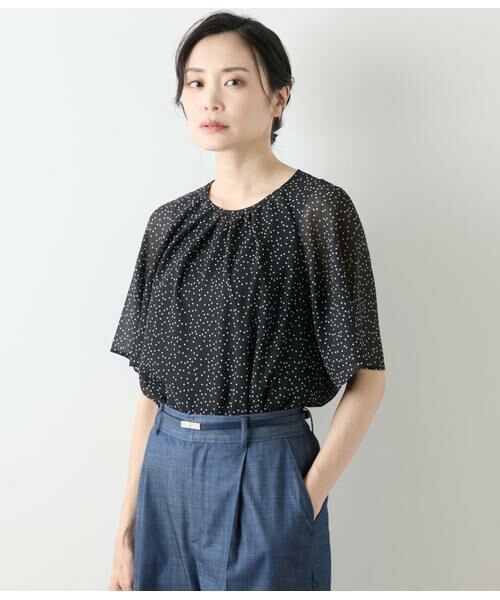 NEWYORKER L-SIZE/ニューヨーカー エルサイズ ドット楊柳 フレアスリーブブラウス＆タンクトップ ブラック L15号