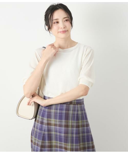 NEWYORKER L-SIZE/ニューヨーカー エルサイズ シアーストレッチジャカード 5分袖プルオーバー ホワイト L15号