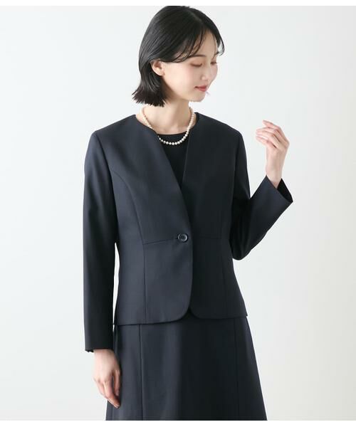 NEWYORKER L-SIZE/ニューヨーカー エルサイズ ウールシルクピンヘッド ノーカラー1釦ジャケット ネイビー L15号 NEWYORKER L-SIZE/ニューヨーカー エルサイズ ウールシルクピンヘッド ノーカラー1釦ジャケット ネイビー L15号