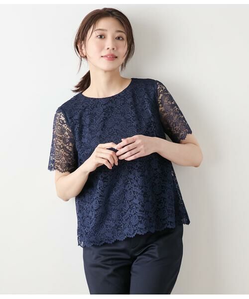 NEWYORKER L-SIZE/ニューヨーカー エルサイズ TR天竺フラワーレース 半袖プルオーバー ネイビー L17号 NEWYORKER L-SIZE/ニューヨーカー エルサイズ TR天竺フラワーレース 半袖プルオーバー ネイビー L17号