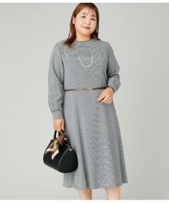 NEWYORKER L-SIZE / ニューヨーカー エルサイズ ミニ丈・ひざ丈ワンピース | ウール混ハウンドトゥース ウエスト切替えパイピングフレアワンピース