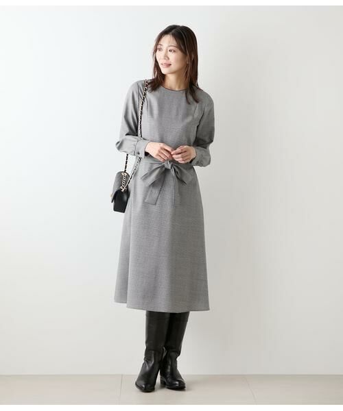 NEWYORKER L-SIZE / ニューヨーカー エルサイズ ミニ丈・ひざ丈ワンピース | ウール混ハウンドトゥース ウエスト切替えパイピングフレアワンピース | 詳細9