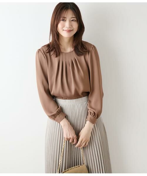 NEWYORKER L-SIZE/ニューヨーカー エルサイズ ジョーゼットサテン フロントタック9分袖ブラウス ブラウン L17号 NEWYORKER L-SIZE/ニューヨーカー エルサイズ ジョーゼットサテン フロントタック9分袖ブラウス ブラウン L17号