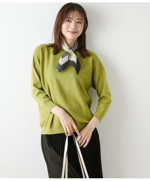 NEWYORKER L-SIZE/ニューヨーカー エルサイズ TCヘリンボーン 7分袖ニットプルオーバー イエローグリーン L13号