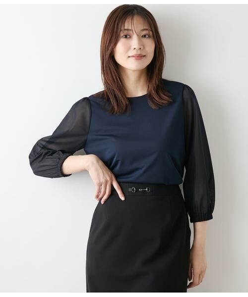NEWYORKER L-SIZE/ニューヨーカー エルサイズ ポリエステル強撚スムース×トリコットオーガンジー 8分袖Tプルオーバー ネイビー L15号 NEWYORKER L-SIZE/ニューヨーカー エルサイズ ポリエステル強撚スムース×トリコットオーガンジー 8分袖Tプルオーバー ネイビー L15号