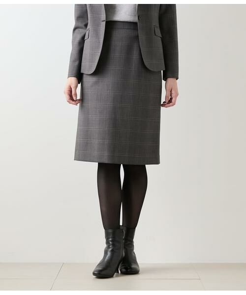 NEWYORKER L-SIZE / ニューヨーカー エルサイズ ミニ・ひざ丈スカート | ウールウインドウペイン ストレートスカート(グレー)