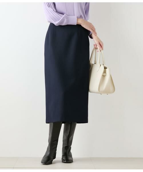 NEWYORKER L-SIZE/ニューヨーカー エルサイズ ウールブレンドダブルクロス ロングタイトスカート ネイビー L13号